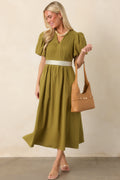 Tucked Away Memories Peridot Green Pintuck Puff Sleeve Midi Dress