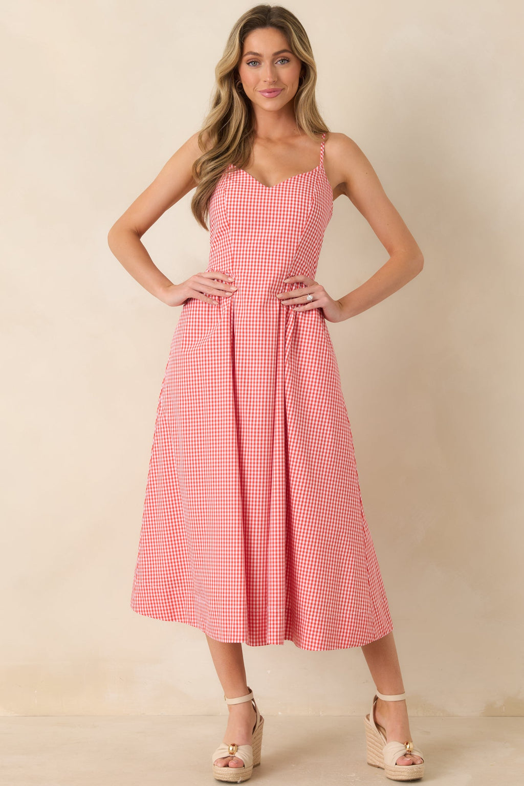 Weekend on the Coast Poppy Red Gingham Sleeveless Midi Dress