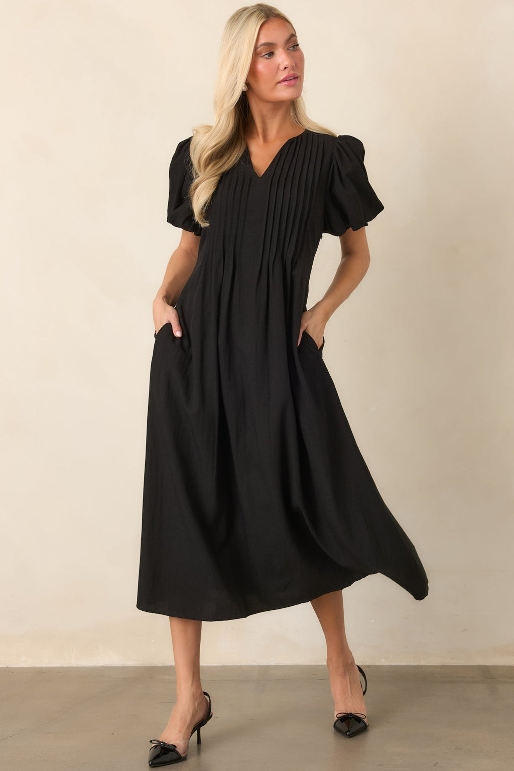 Tucked Away Memories Black Pintuck Puff Sleeve Midi Dress