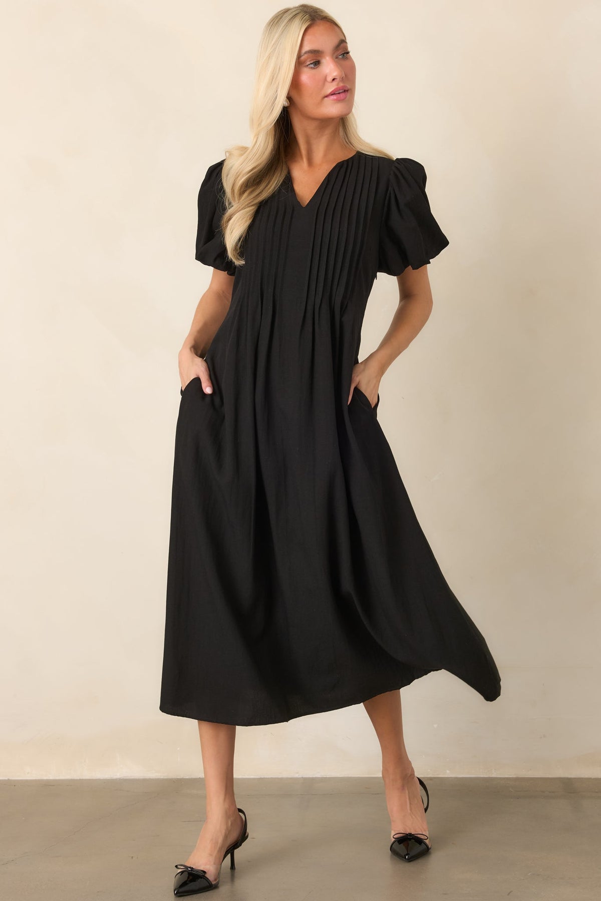 Tucked Away Memories Black Pintuck Puff Sleeve Midi Dress