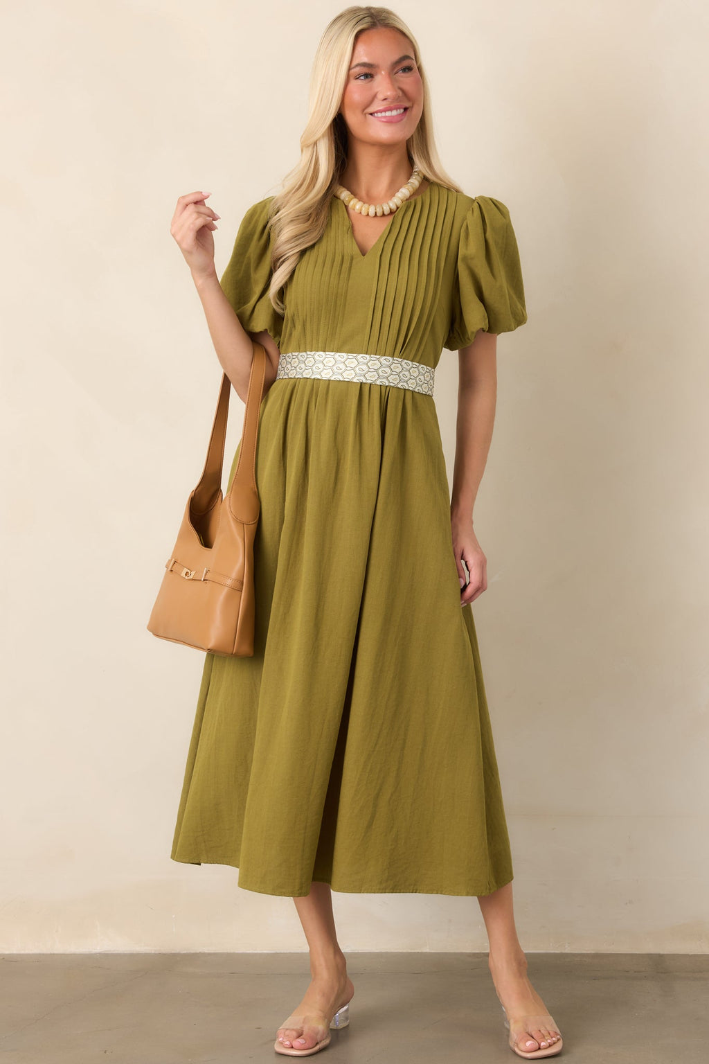 Tucked Away Memories Peridot Green Pintuck Puff Sleeve Midi Dress