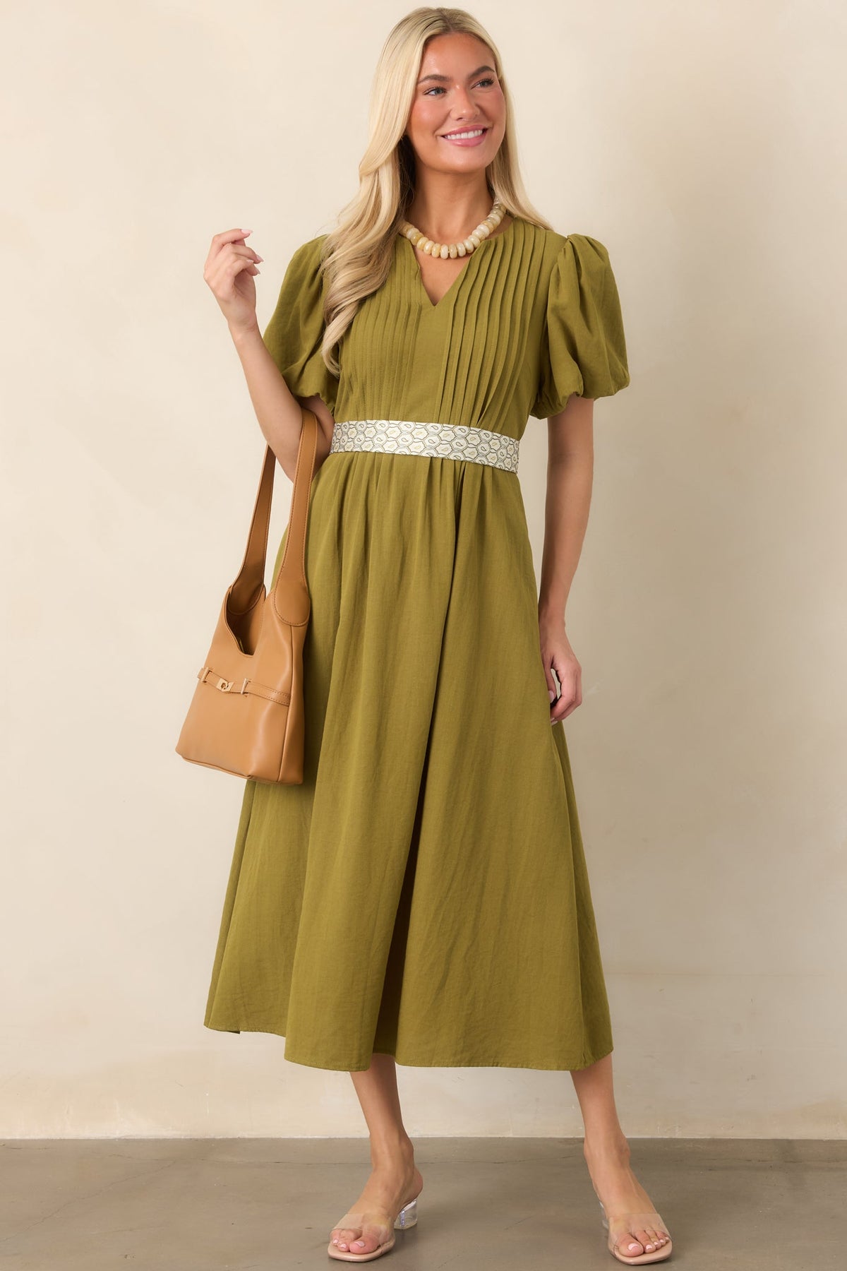 Tucked Away Memories Peridot Green Pintuck Puff Sleeve Midi Dress