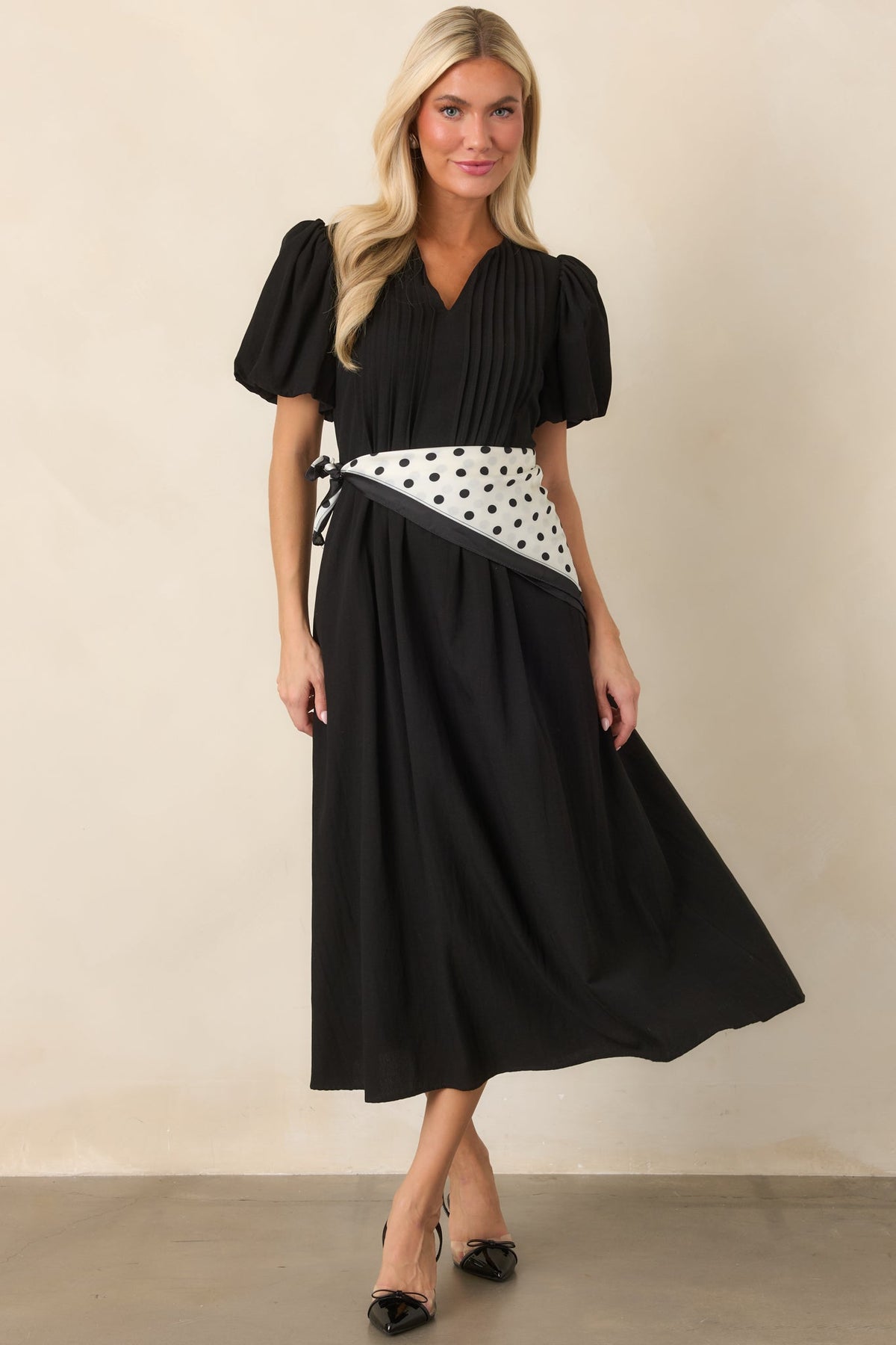 Tucked Away Memories Black Pintuck Puff Sleeve Midi Dress