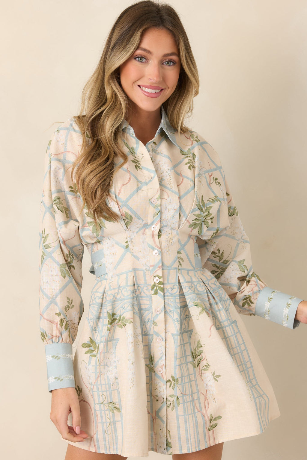 En Saison Georgina Ivory Floral Lattice Textured Shirt Dress
