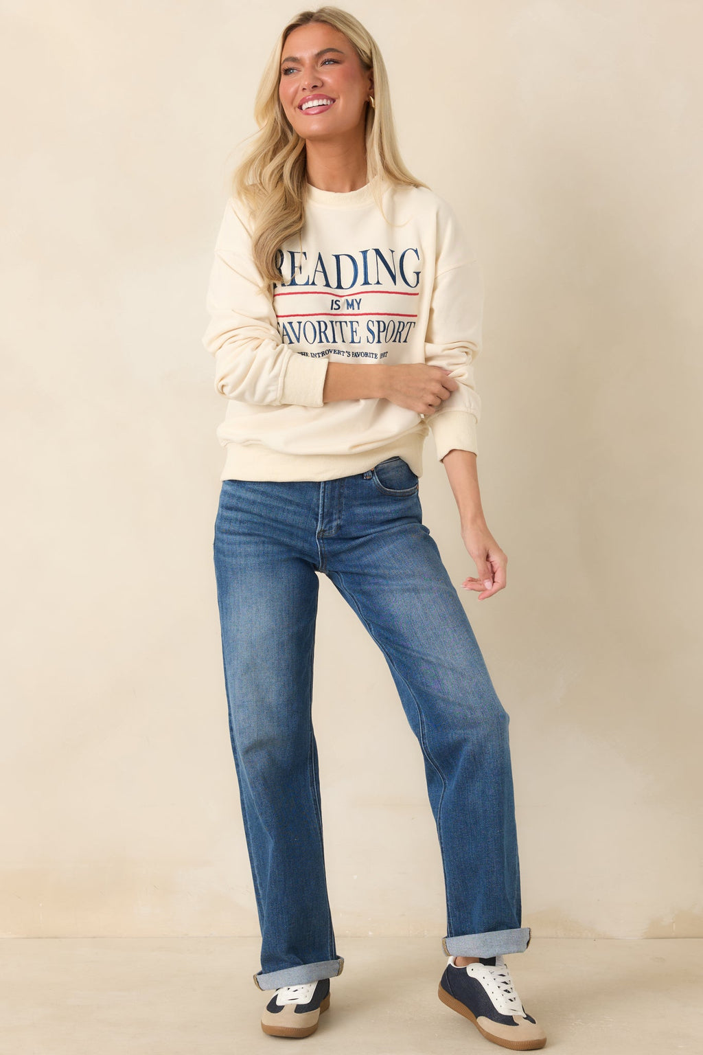 Reading Is My Favorite Sport Ivory Embroidered Cotton Sweatshirt
