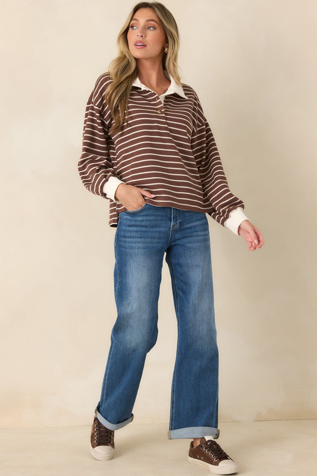 Free for the Day Chocolate Brown Striped Collared Pullover