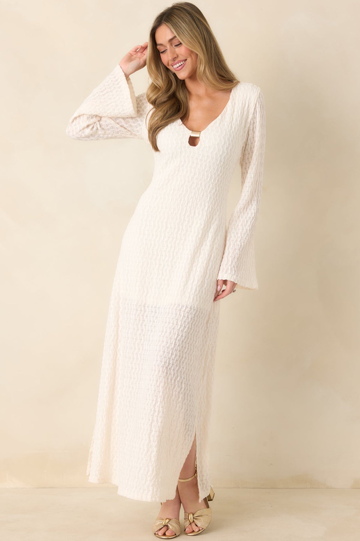Just a Hint of Glam Ivory Textured Semi-Sheer Long Sleeve Maxi Dress
