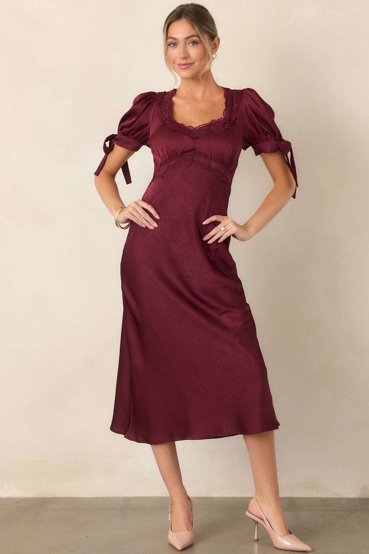 More Than a Feeling Burgundy Satin Lace Trim Midi Dress