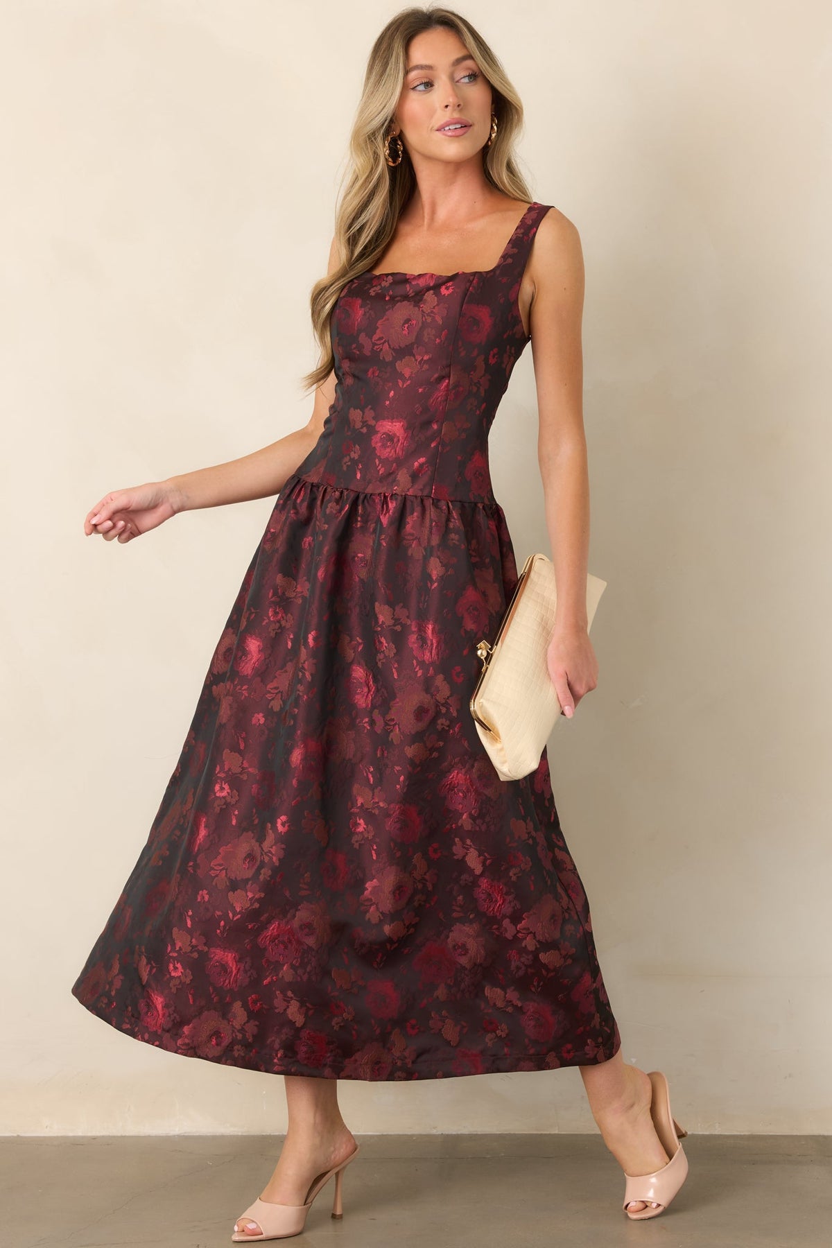 A Beautiful Thing Burgundy Floral Jacquard Midi Dress