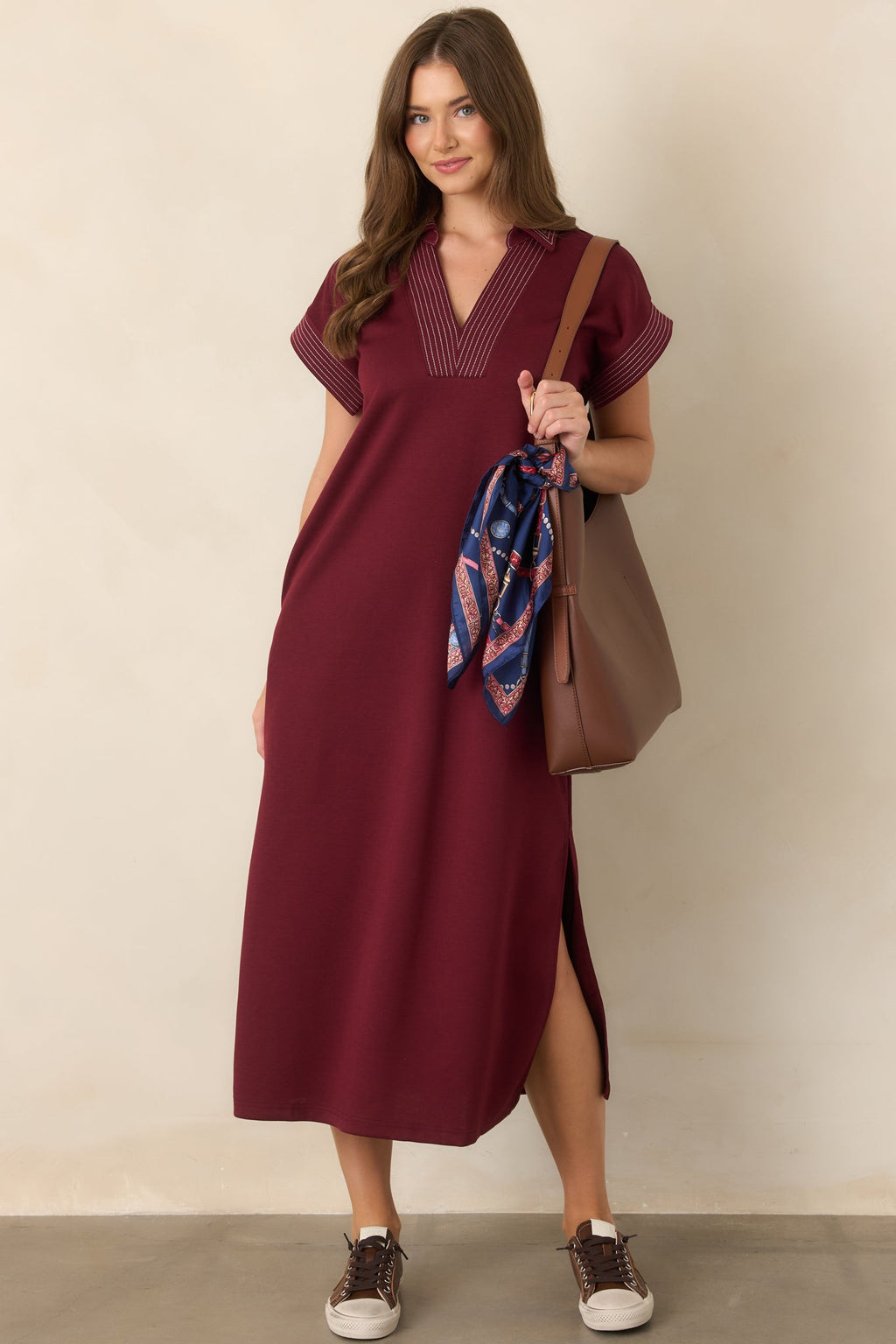 One Less Thing Wine V-Neck Contrast Pinstripe Maxi Dress
