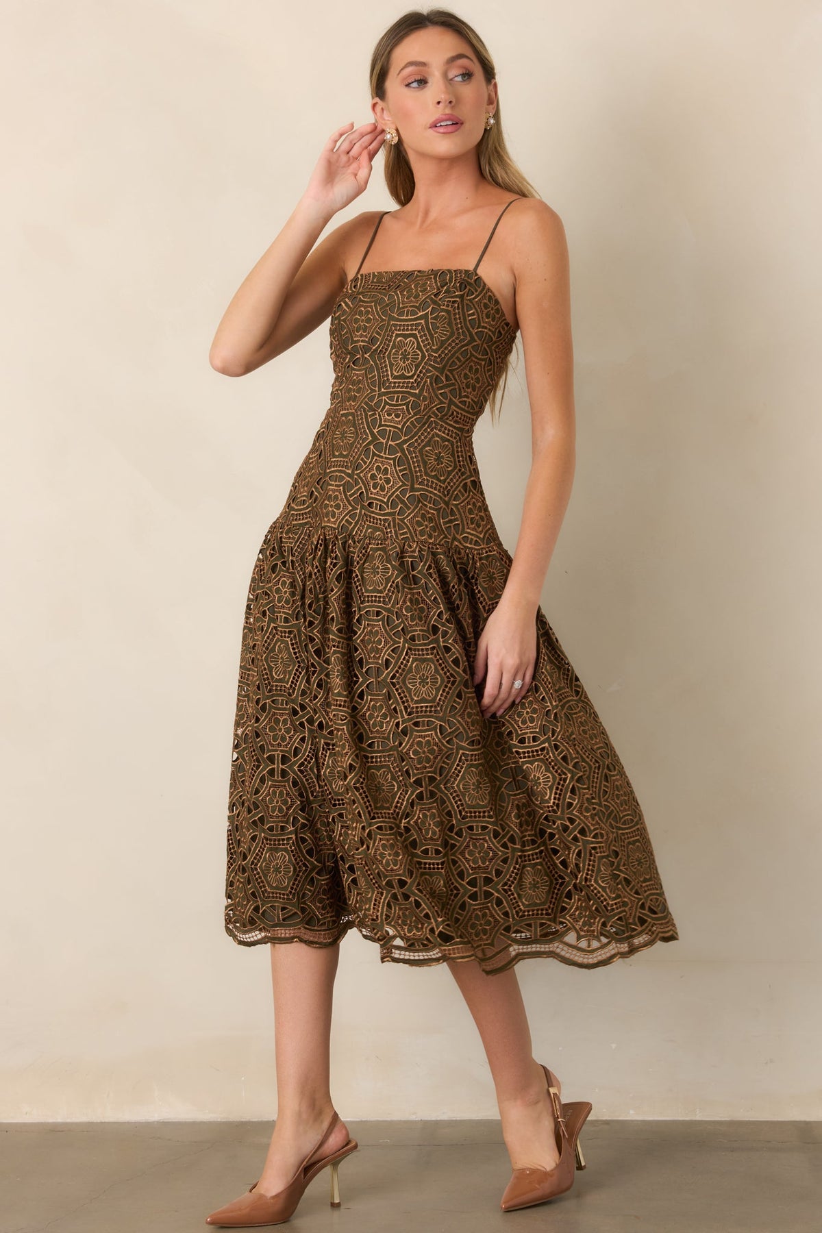 Save the Date Olive & Gold Metallic Lace Midi Dress