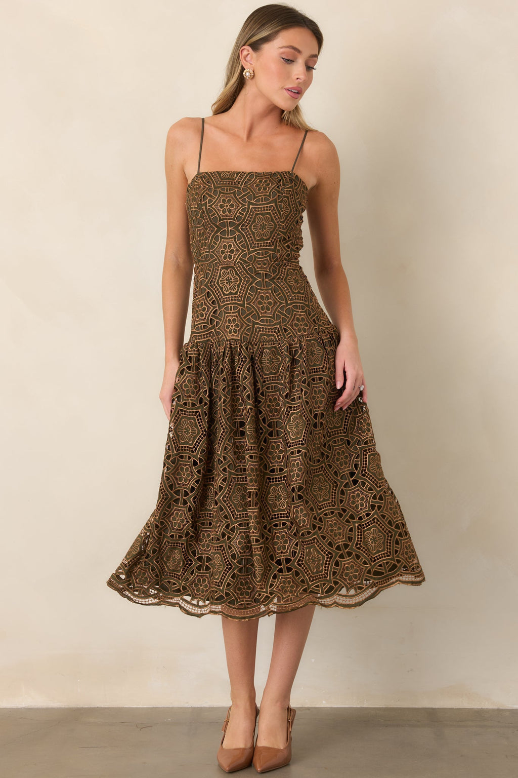 Save the Date Olive & Gold Metallic Lace Midi Dress