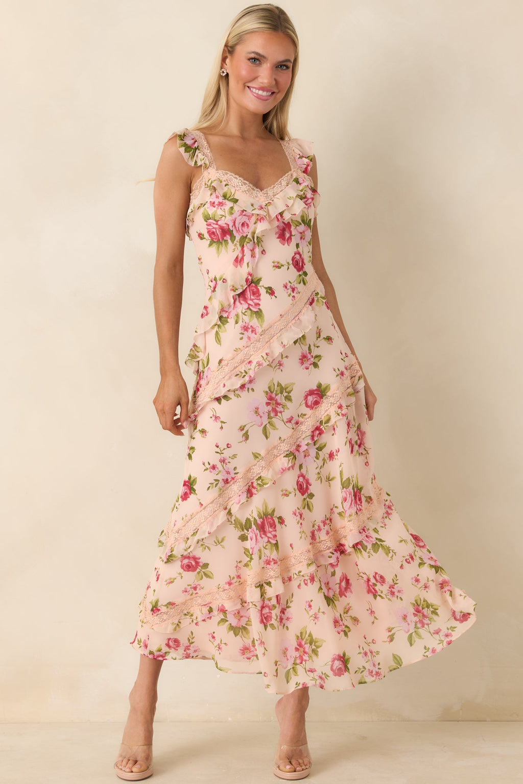 Yours Always Rose Pink Floral Lace & Ruffle Trim Midi Dress