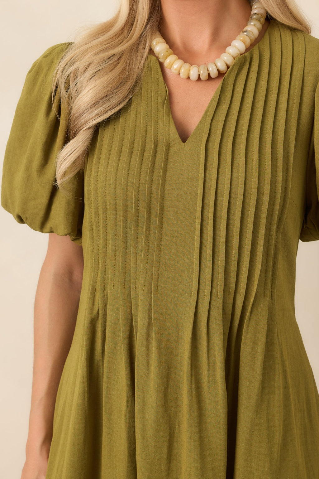 Tucked Away Memories Peridot Green Pintuck Puff Sleeve Midi Dress