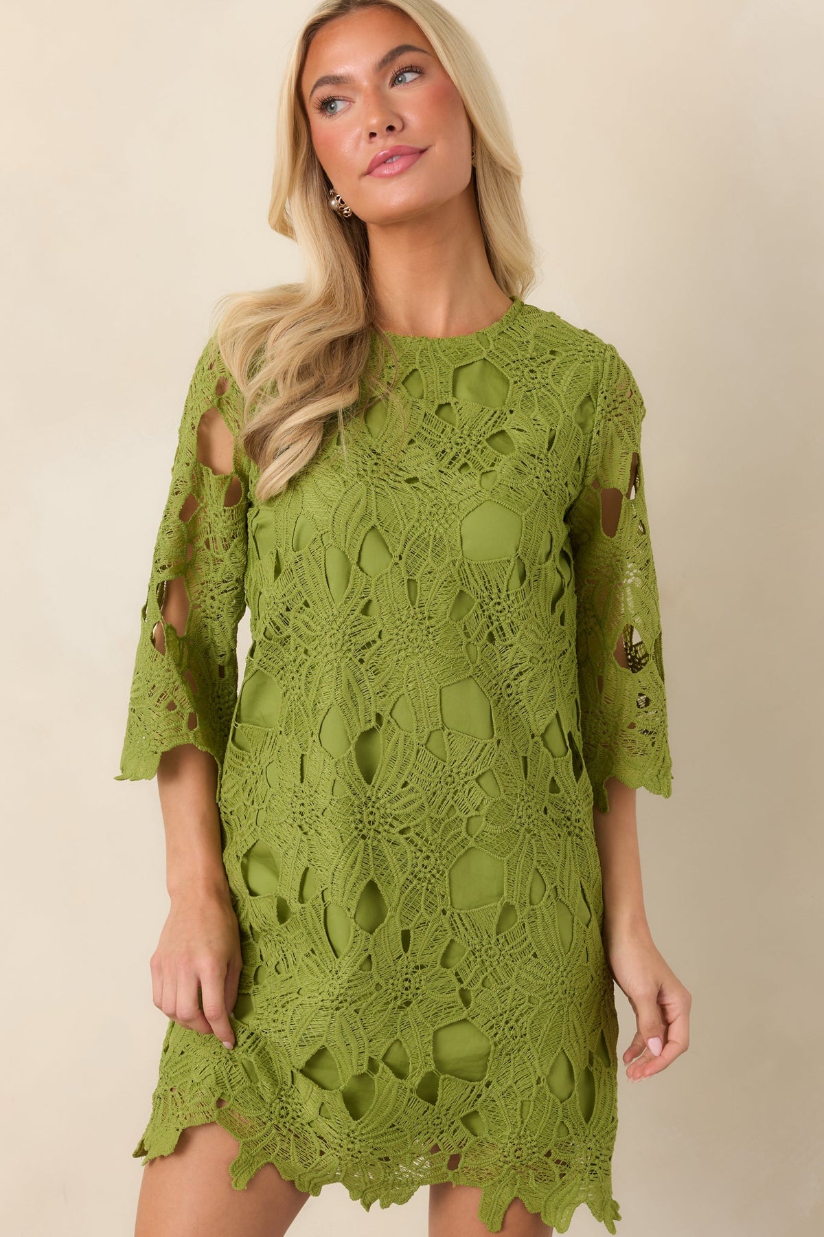Laced With Intention Moss Green Openwork Lace Mini Dress