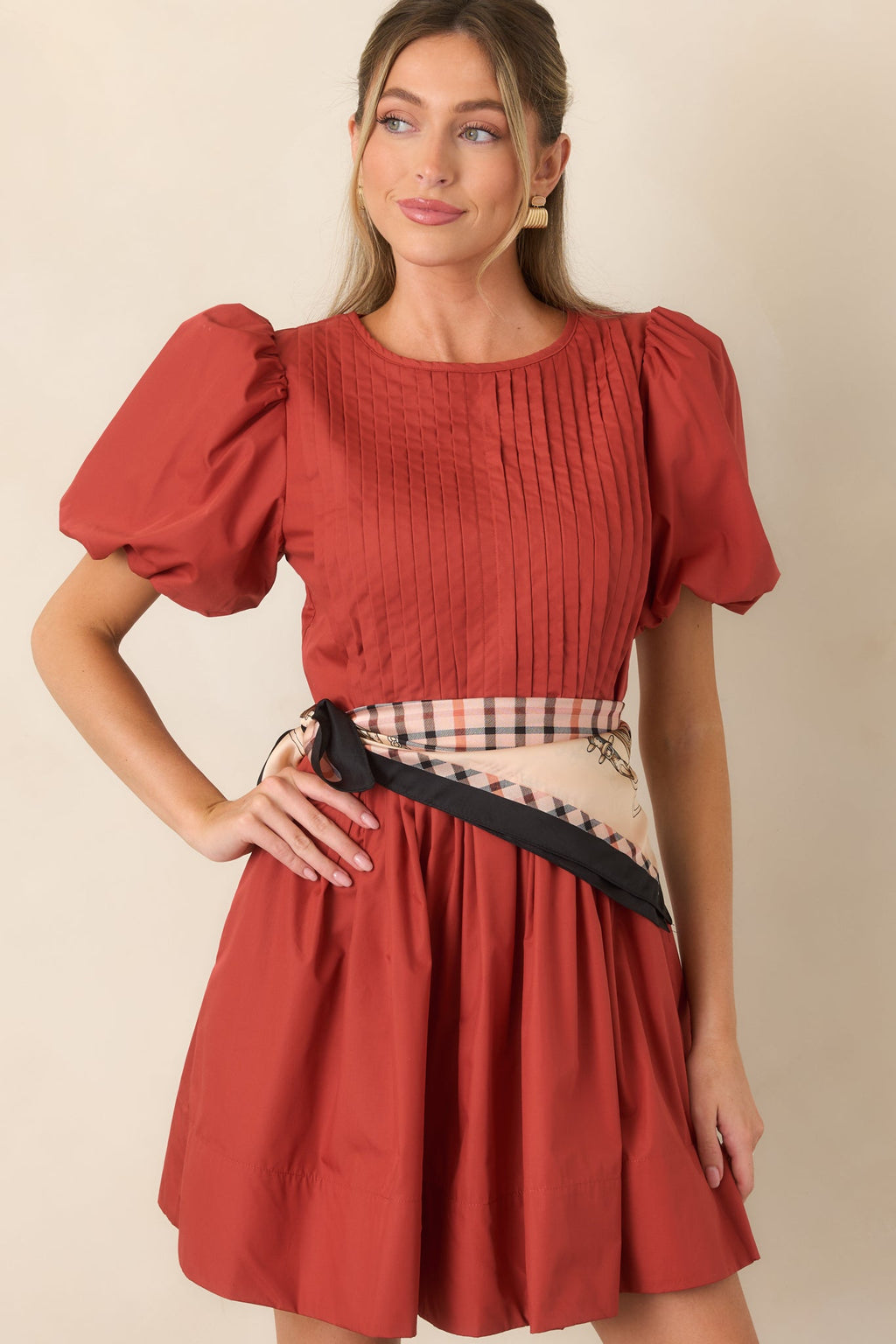 Pleats to Meet You Rust Red Pintuck Puff Sleeve Mini Dress