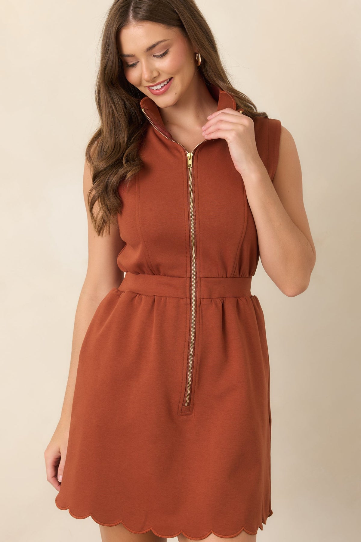 Zip Through the Day Rust Zip Front Scalloped Hem Mini Dress