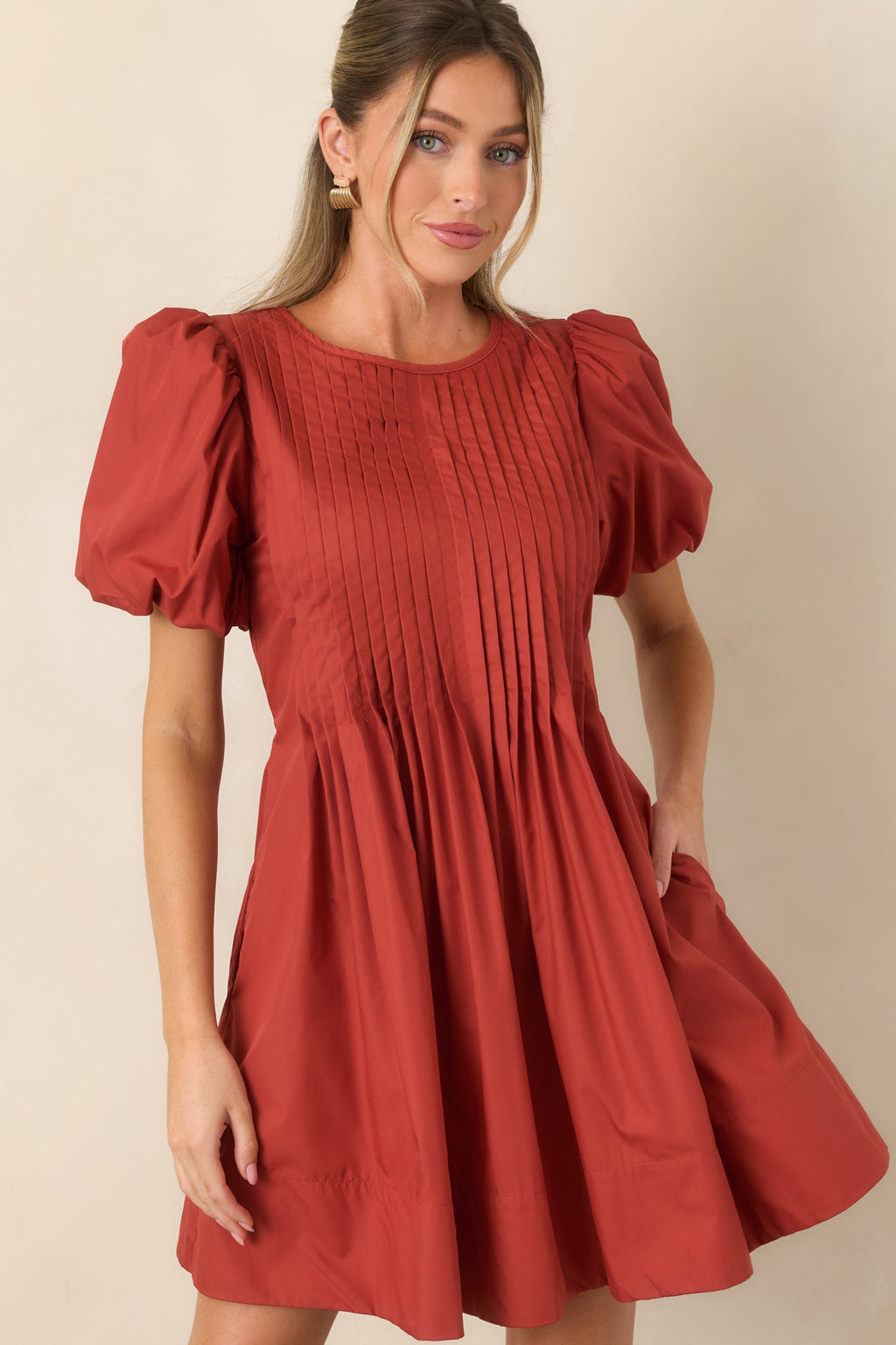 Pleats to Meet You Rust Red Pintuck Puff Sleeve Mini Dress