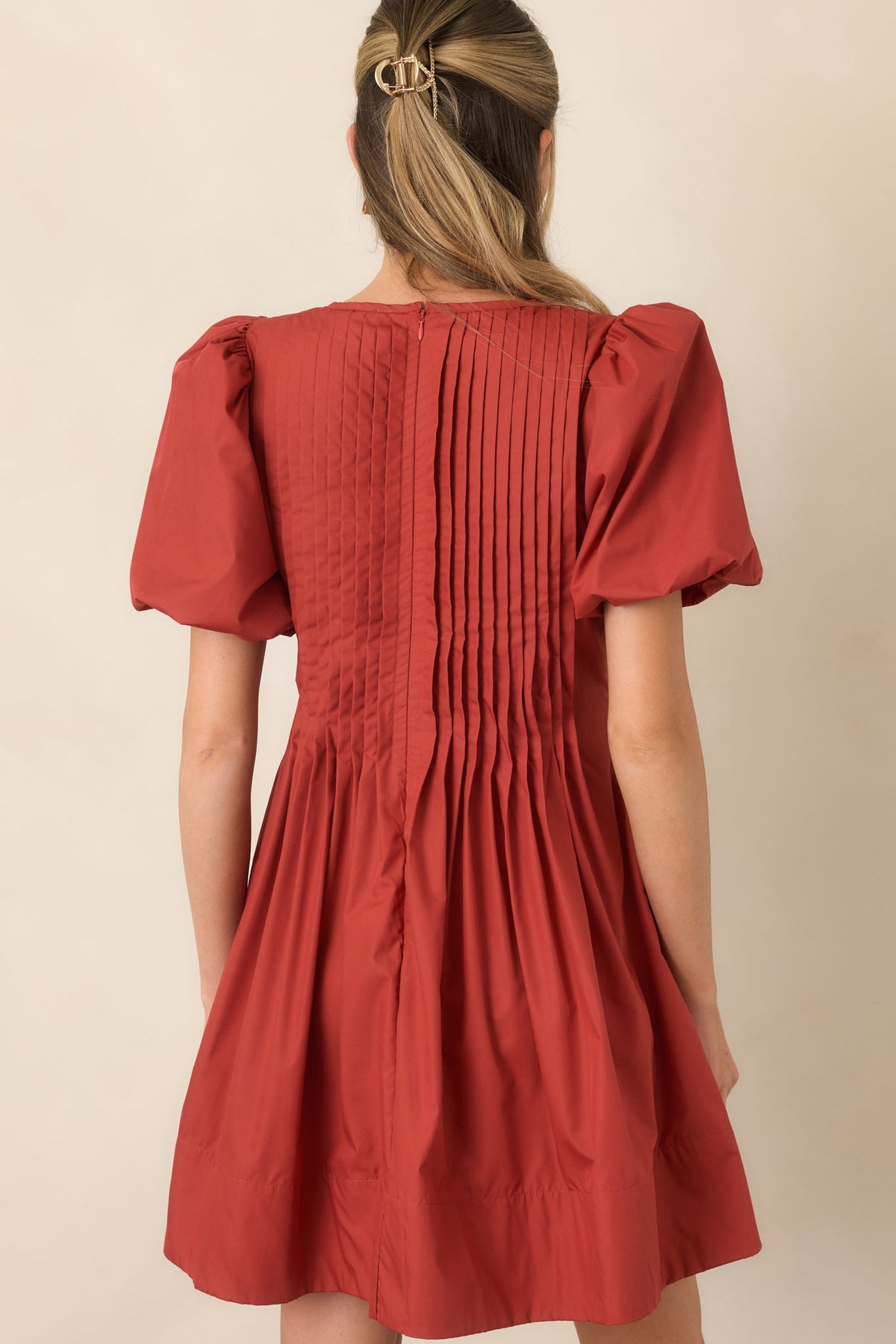 Pleats to Meet You Rust Red Pintuck Puff Sleeve Mini Dress