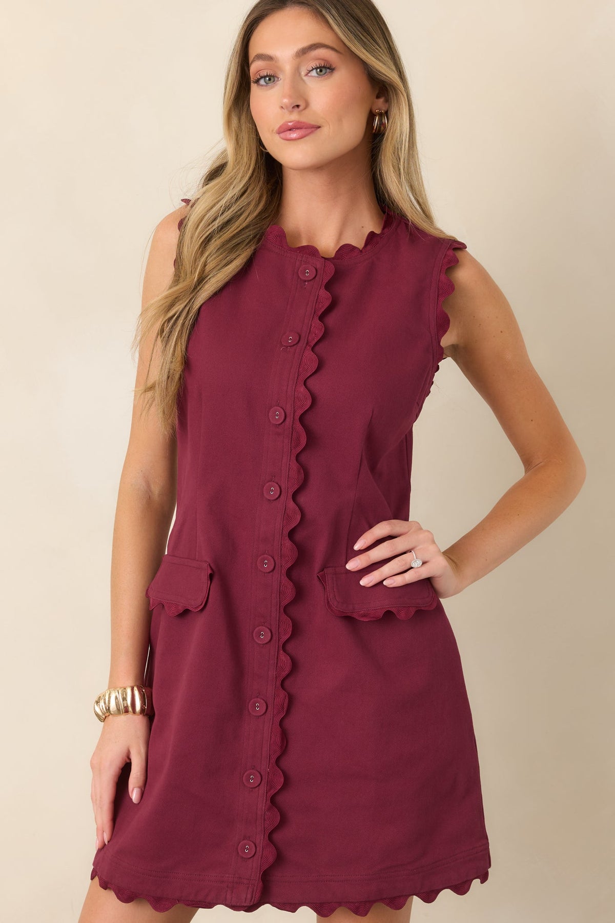On the Same Wavelength Wine Red Ric Rac Trim Mini Dress