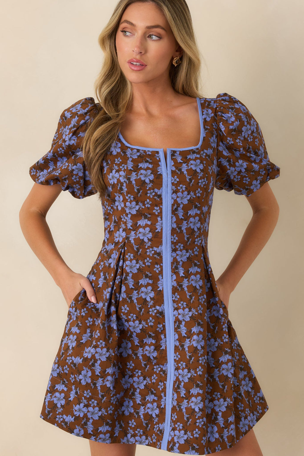 The Prettiest View Brown & Blue Floral Cotton Mini Dress