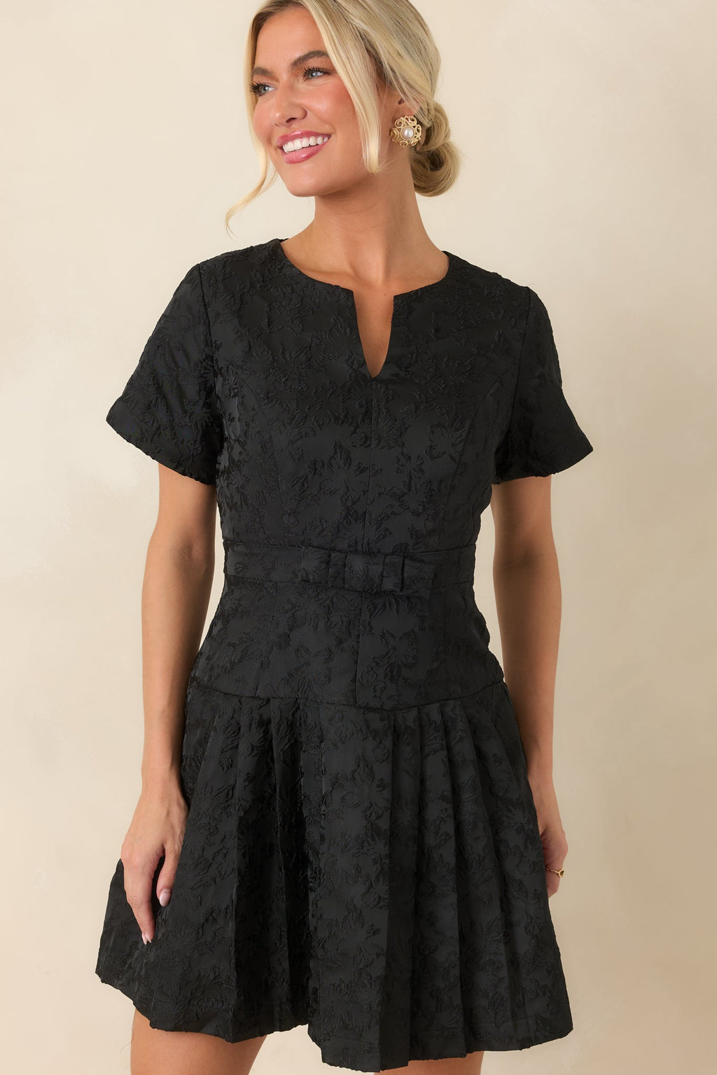 The Perfect Introduction Black Floral Jacquard Mini Dress