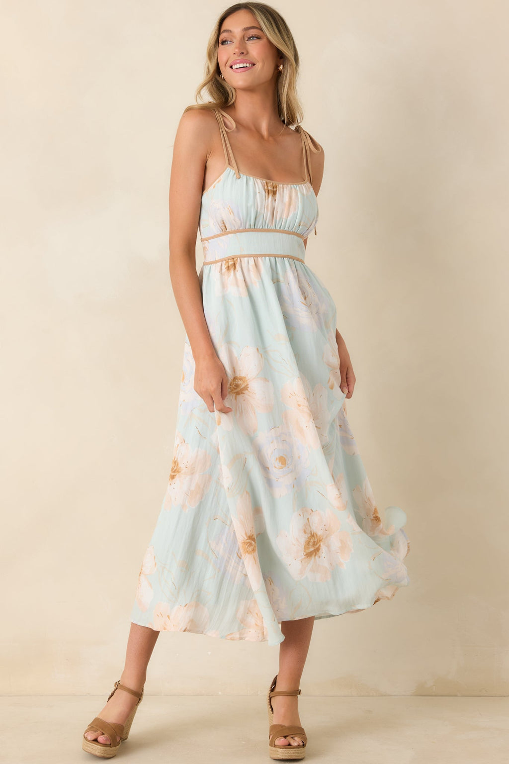Blooming in Watercolor Mint Green Floral Tie Strap Midi Dress
