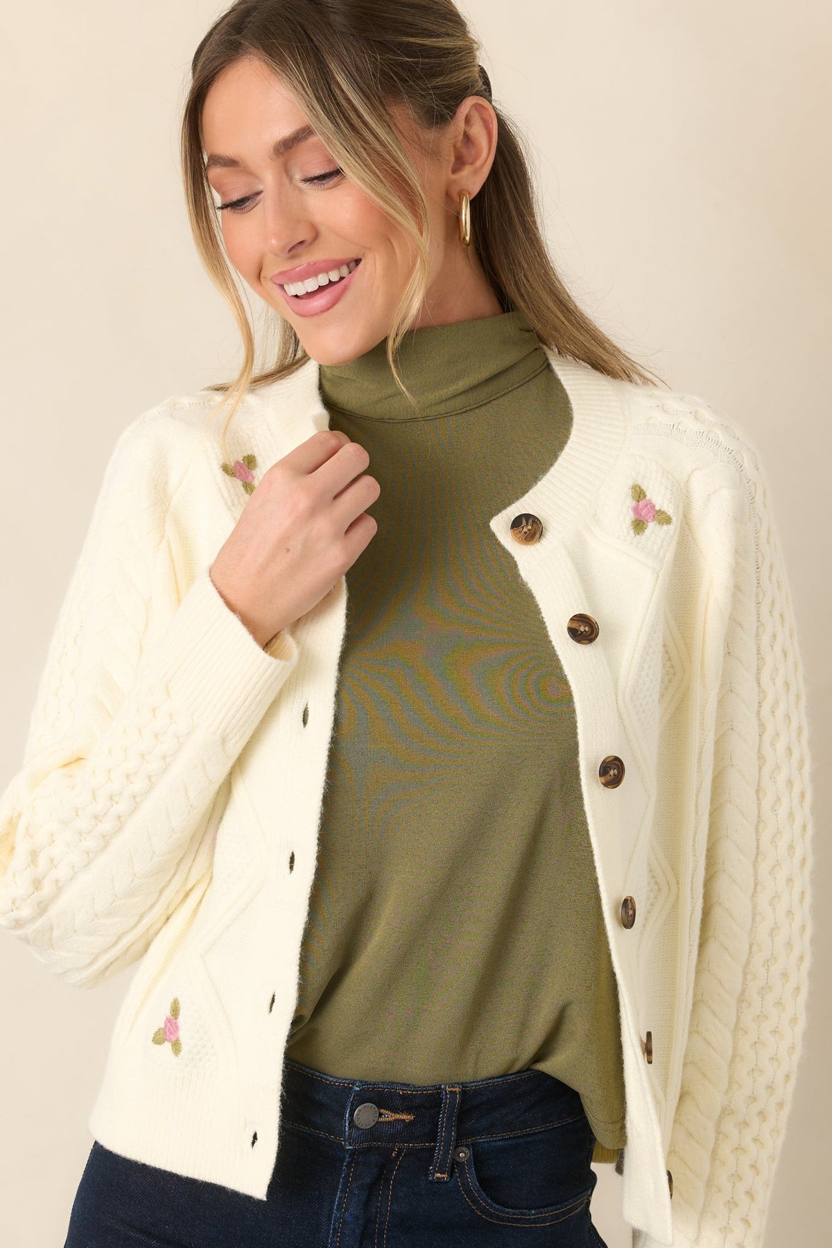 Rose to the Occasion Ivory Floral Embroidered Cable Knit Cardigan