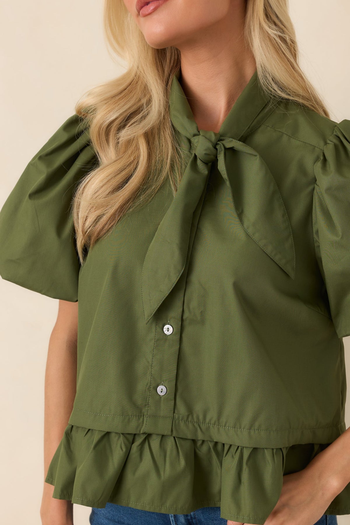 Signature Style Moss Green Tie Neck Peplum Blouse