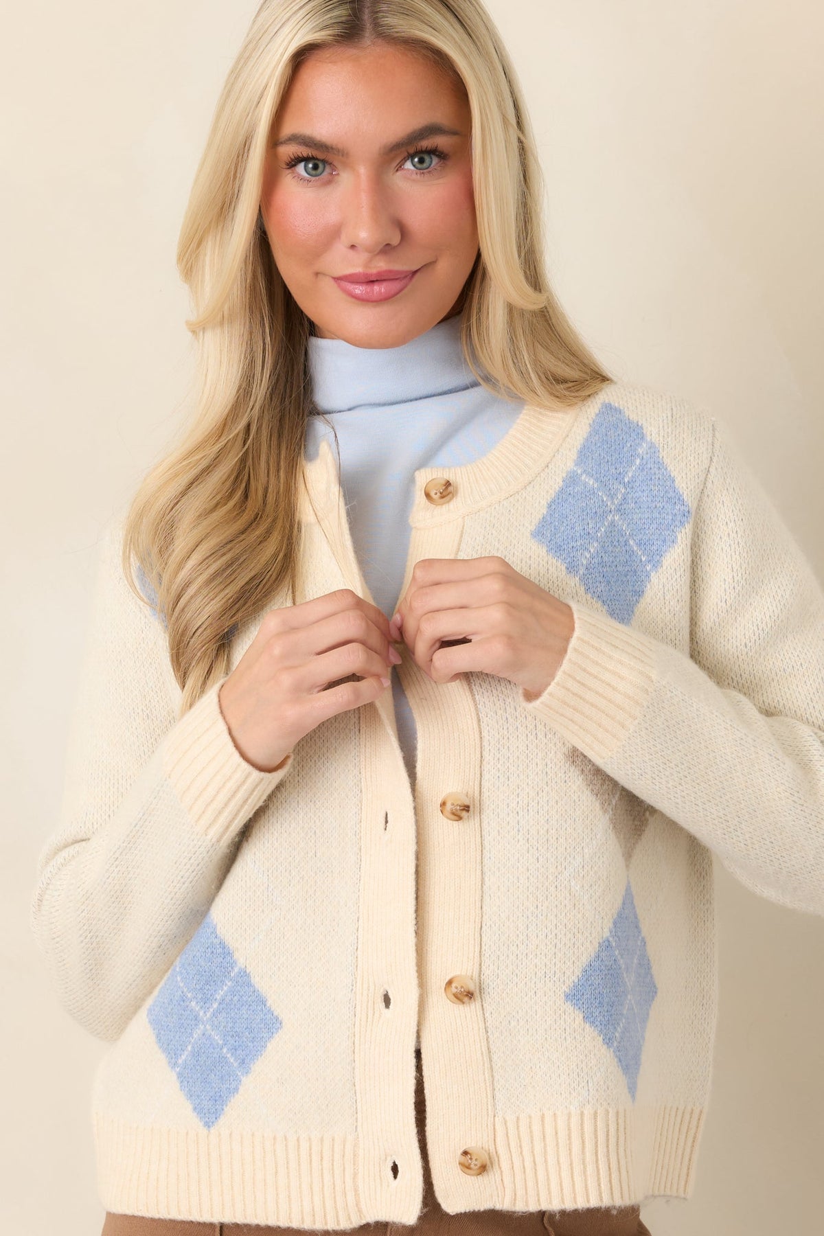 Goes Without Saying Natural Multi Knit Argyle Button Up Cardigan Sweater
