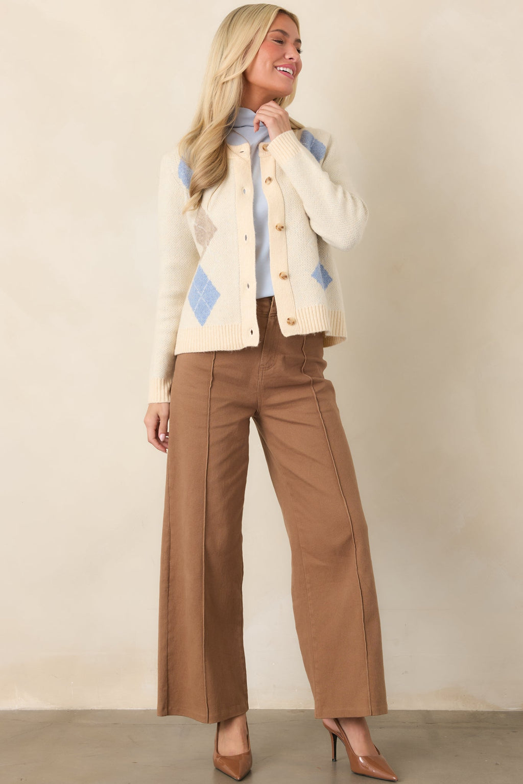 Goes Without Saying Natural Multi Knit Argyle Button Up Cardigan Sweater