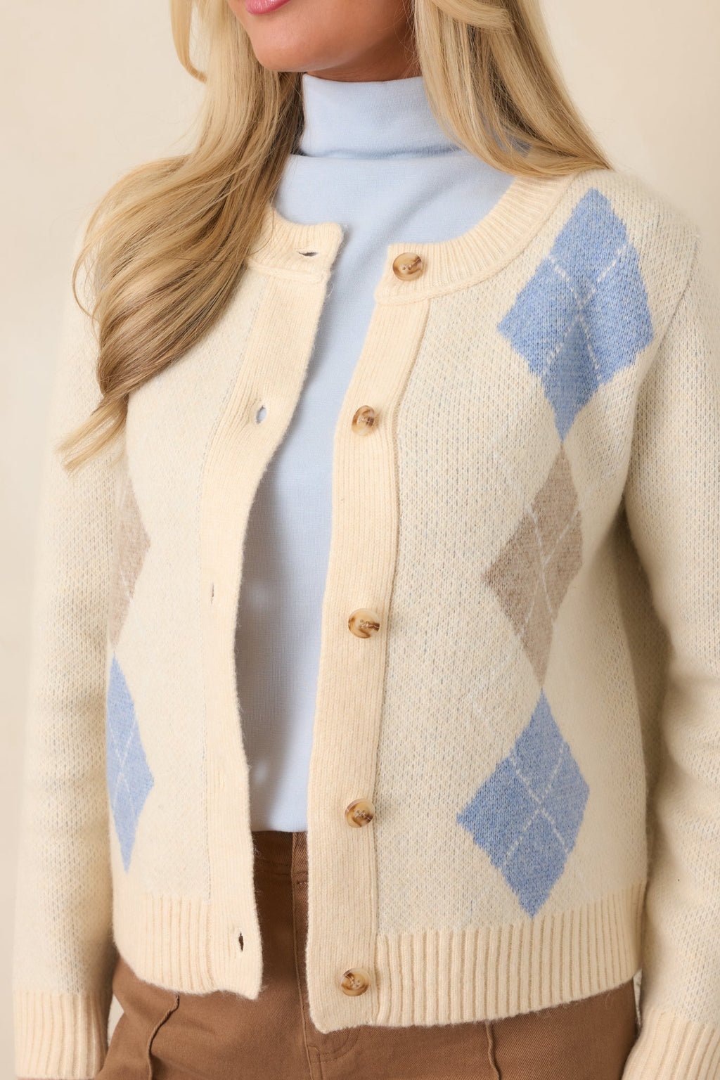 Goes Without Saying Natural Multi Knit Argyle Button Up Cardigan Sweater