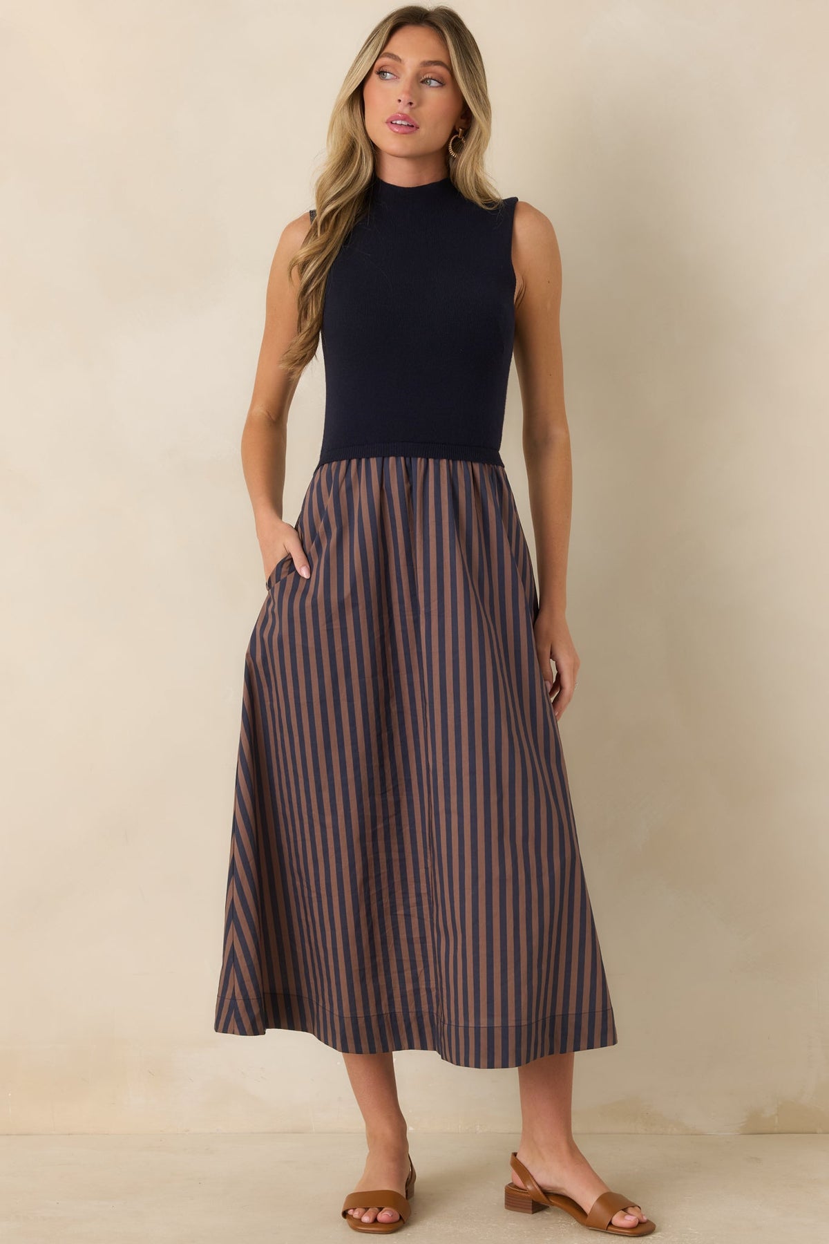 That's More Like It Navy & Tan Stripe Sweater Midi Dress
