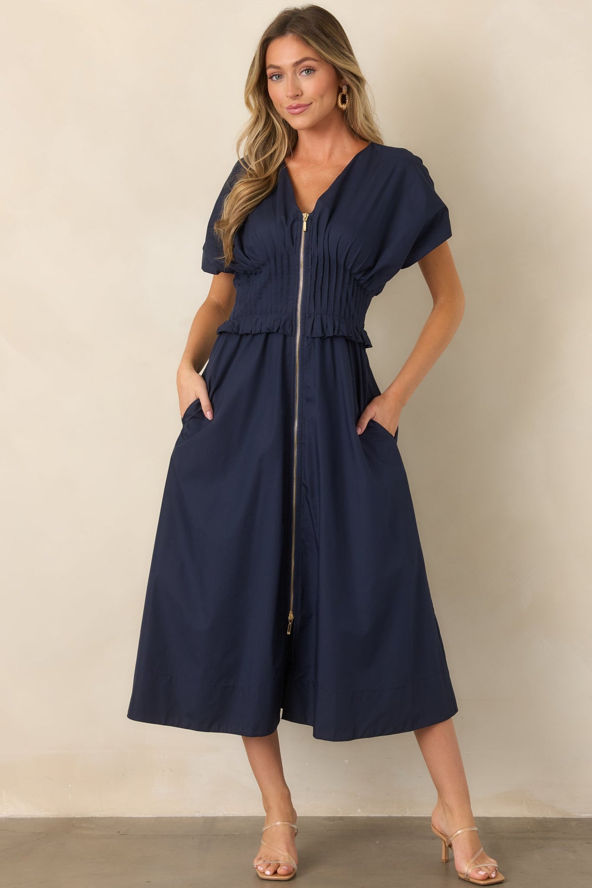 Let It Be Easy Navy Smocked Waist Zip Maxi Dress