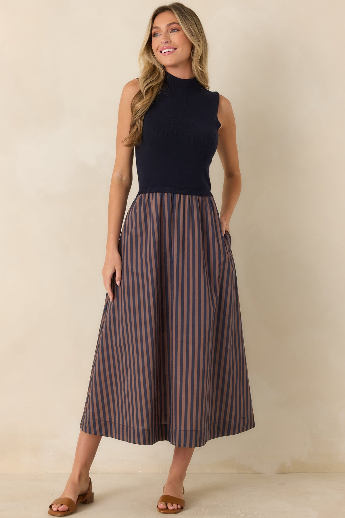 That's More Like It Navy & Tan Stripe Sweater Midi Dress