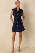 Prosperina Jackie Navy Blue Belted Button Front Mini Dress