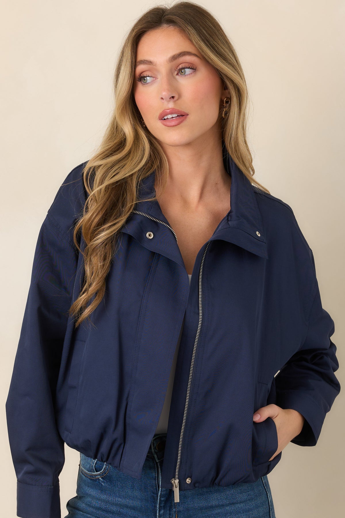 Smooth Finish Navy Blue Zip Up Bomber Jacket