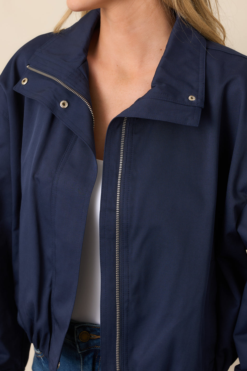 Smooth Finish Navy Blue Zip Up Bomber Jacket