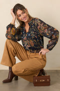 Under Evening Skies Navy Multi Floral Pleated Blouse