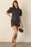 The Proper Sort Navy & Camel Plaid Puff Sleeve Top