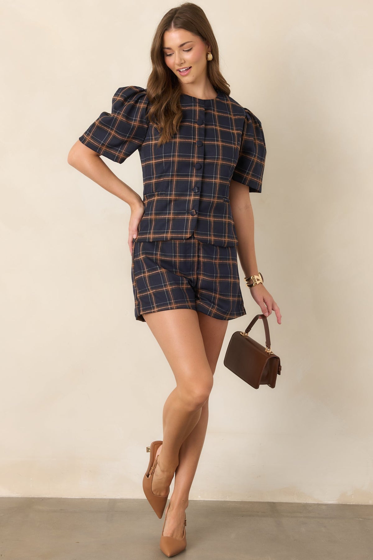 The Proper Sort Navy & Camel Plaid Puff Sleeve Top