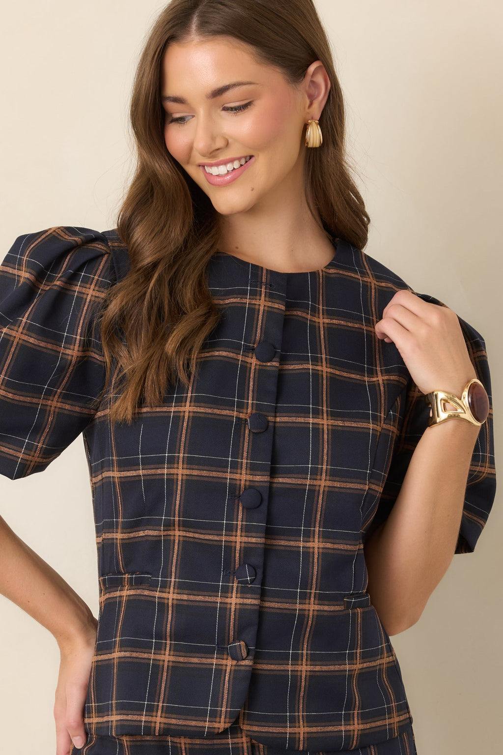 The Proper Sort Navy & Camel Plaid Puff Sleeve Top