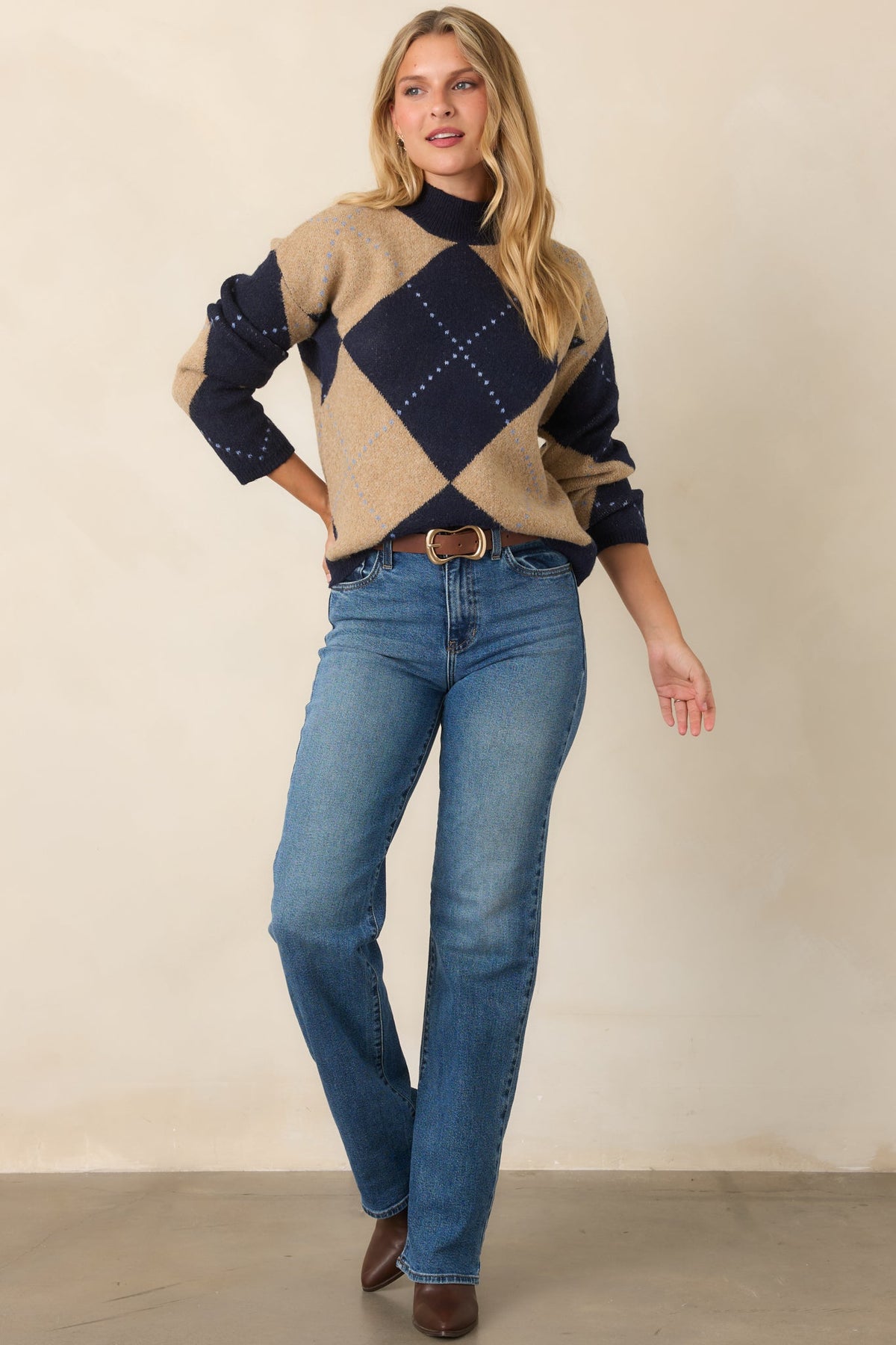 Varsity Social Camel & Navy Argyle Knit Sweater