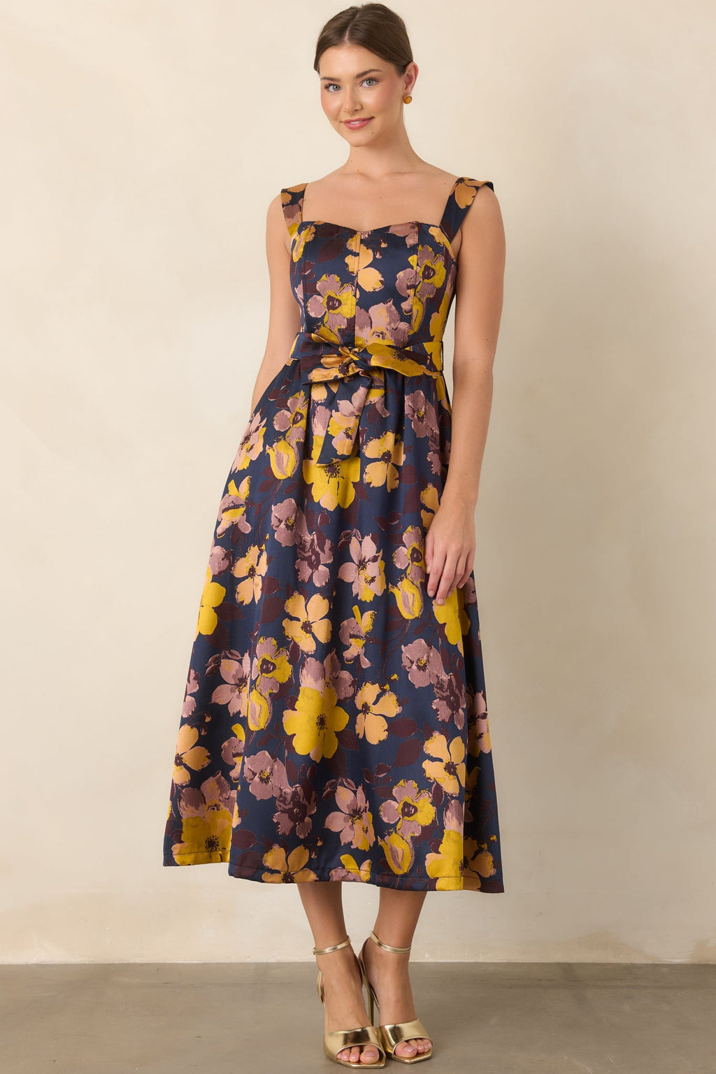 A Formal Arrangement Navy & Marigold Floral Tie-Waist Midi Dress