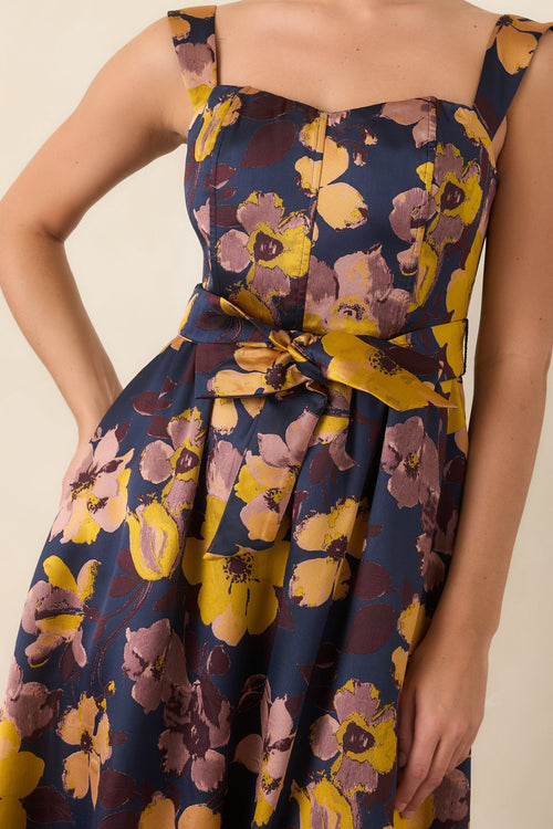 A Formal Arrangement Navy & Marigold Floral Tie-Waist Midi Dress
