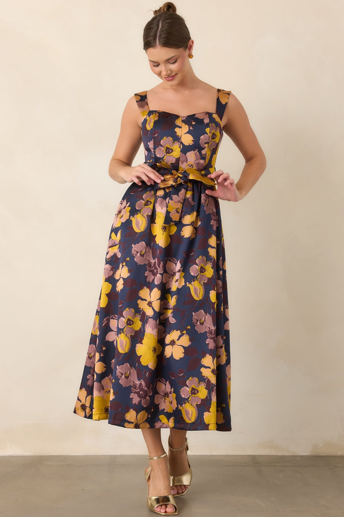 A Formal Arrangement Navy & Marigold Floral Tie-Waist Midi Dress