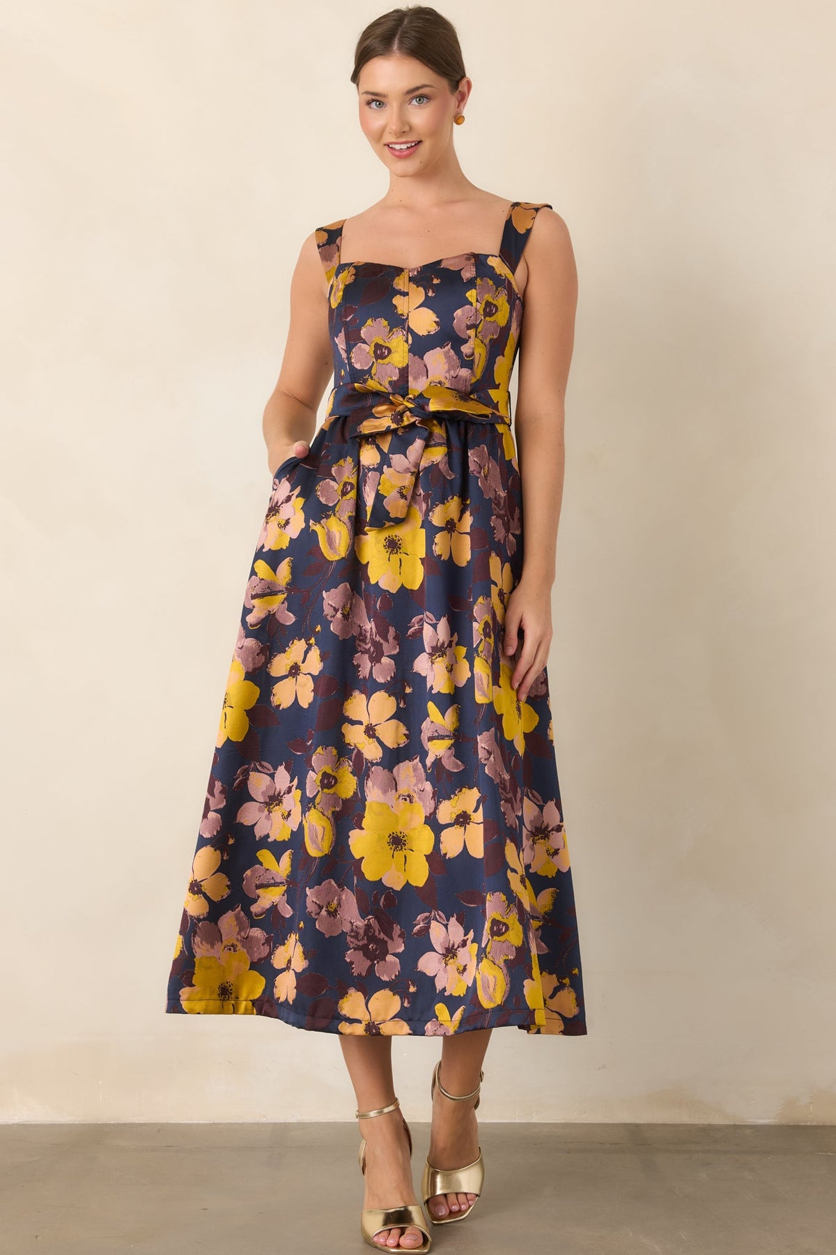 A Formal Arrangement Navy & Marigold Floral Tie-Waist Midi Dress