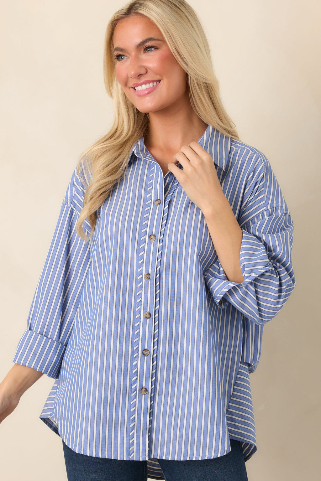 Just What You Wanted Navy Stripe Cotton Button Up Shirt
