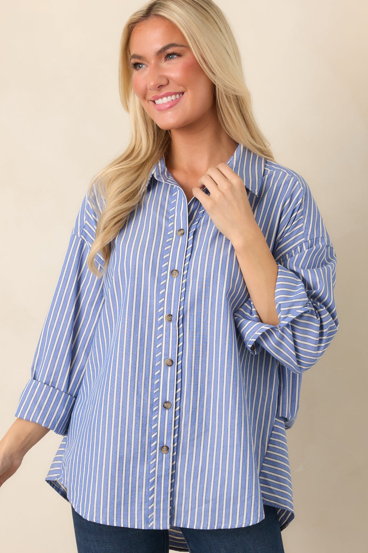 Just What You Wanted Navy Stripe Cotton Button Up Shirt
