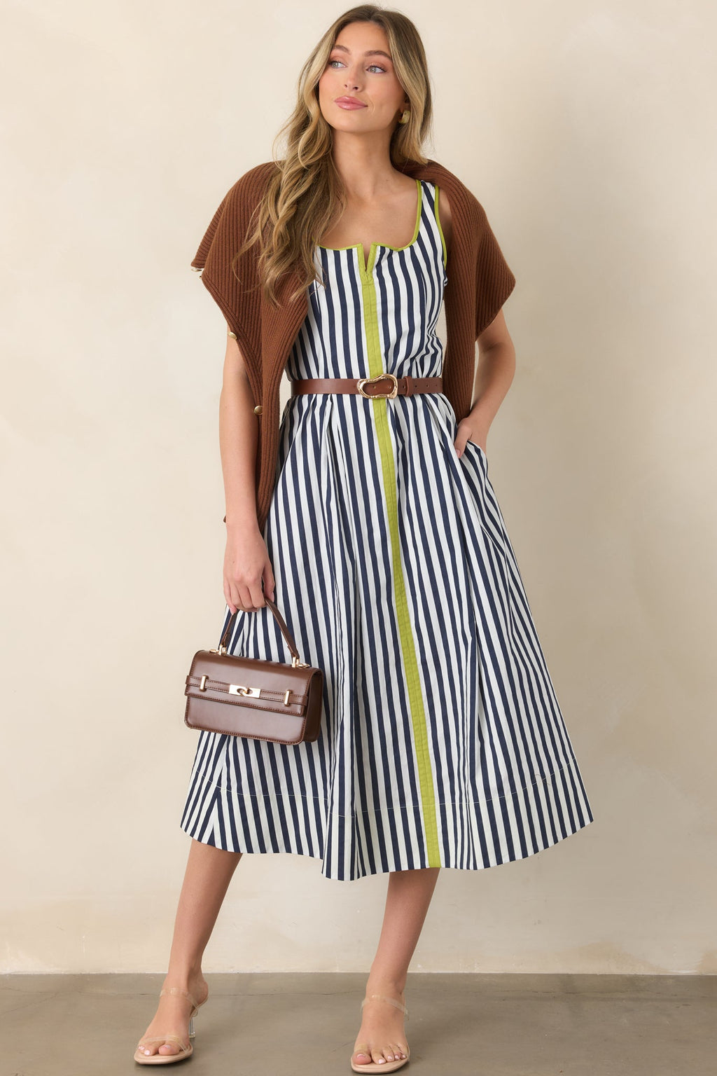 All Smiles Navy & Chartreuse Stripe Cotton Midi Dress